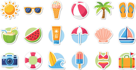 Obraz premium Collection of flat summer vacation including sun sunglasses ice cream and beach ball