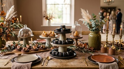 Fototapeta premium Elegant dessert table setting featuring chocolate tarts macarons and autumn decorations for upscale festive celebration.