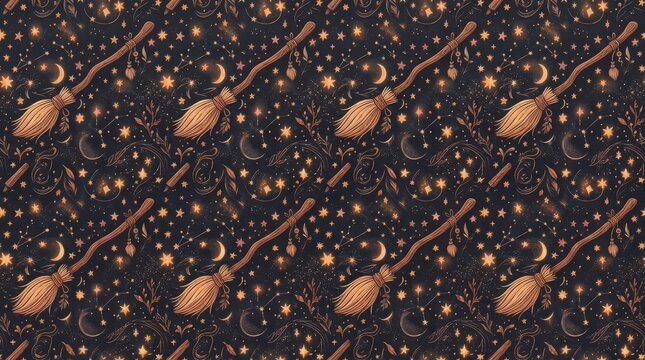 Magic witch broom pattern on dark celestial background with golden stars moons constellations and botanical elements art.
