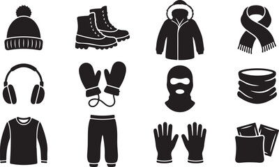 Set of black winter clothing featuring a pom-pom beanie, lace-up boots, hooded parka, fringed scarf, earmuffs, mittens, balaclava, neck warmer, long-sleeve shirt, trousers, gloves, and heat packs © MdAbu