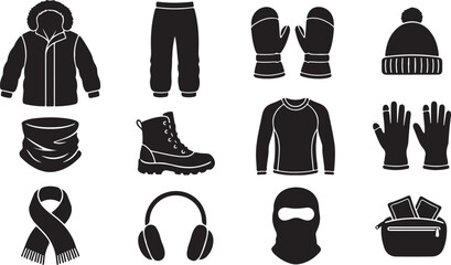 Set of black winter clothing featuring a parka, trousers, mittens, beanie, neck warmer, hiking boot, thermal shirt, gloves, scarf, earmuffs, balaclava, and a small zippered pouch bag © MdAbu