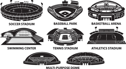 Set of eight black and white depicting various sports venues including a soccer stadium, baseball park, basketball arena, swimming center, tennis stadium, athletics track, and domes © MdAbu