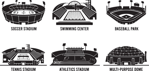 Set of six black and white depicting various sports venues including a soccer stadium, swimming center, baseball park, tennis stadium, athletics track, and a multi-purpose dome © MdAbu