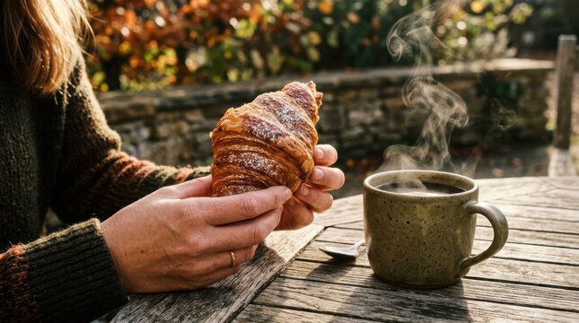 Woman hands holding fresh flaky croissant next to steaming cup of coffee on rustic wooden table in sunny autumn garden top.