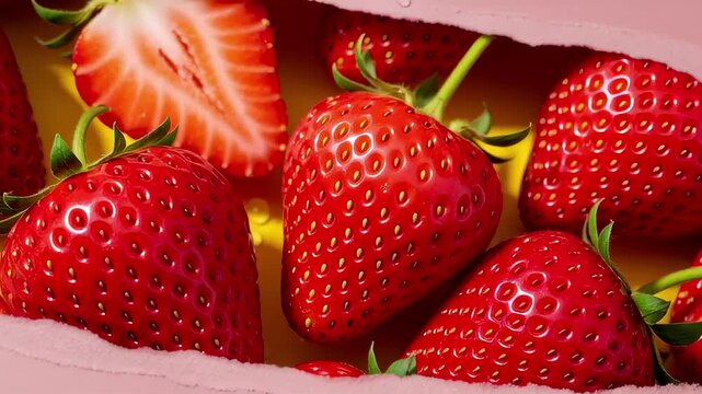 Torn pink paper peeled back to reveal ripe red strawberries on a bright yellow background, progressive close ups highlight glossy juicy texture and seeds