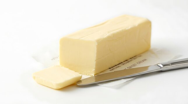 Butter block, sliced, on paper wrapper, knife, dairy product