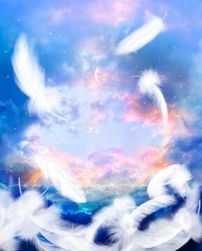 天国へ続く雲の階段とオーロラ色の空と降り注ぐ月光のスピリチュアルな背景画