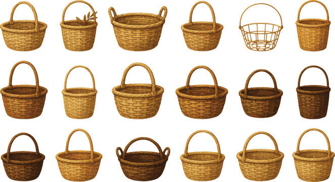 collection of various wicker baskets on white background