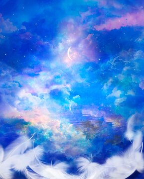 天国へ続く雲の階段とオーロラ色の空と降り注ぐ月光のスピリチュアルな背景画