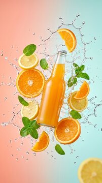 Vibrant Citrus Juice with Fresh Fruit and Mint on Colorful Background