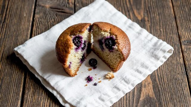 Delicious blueberry muffin cut in half showing the soft crumb texture on a white linen napkin over a wooden surface