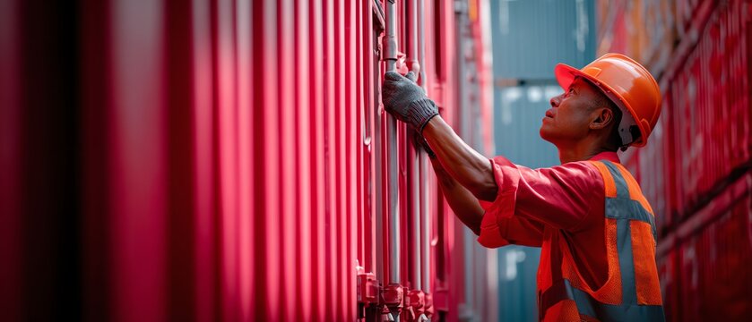 Worker sealing container doors with security tags
