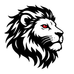 Obraz premium Fierce lion head icon in bold black and white style with red eye and flowing mane. Wild predator mascot logo for sports team, tattoo design and brand identity.