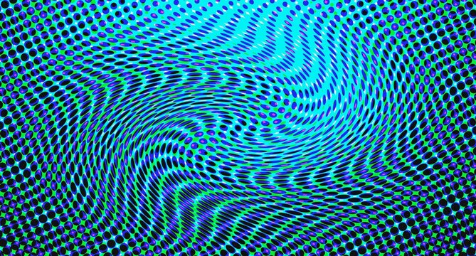 Abstract blue and green digital halftone pattern with wavy moire effect background