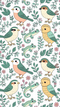 Cute Birds and Lizards Pattern