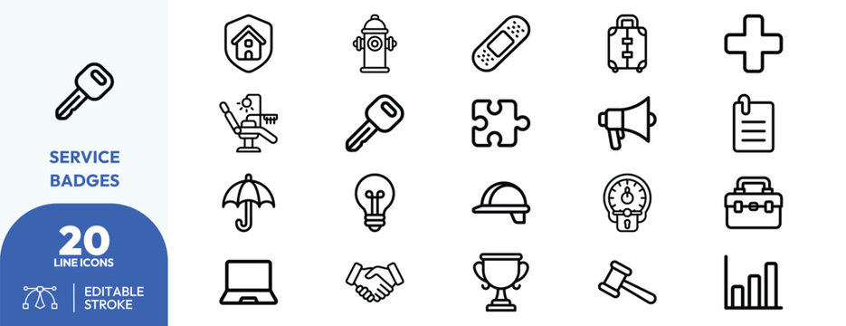 Municipal Operations icon set. Containing fire hydrant, first aid kit, ambulance, wheelchair, hard hat, toolbox, lightbulb, clock, handshake, bar chart. Editable stroke. Vector illustration.