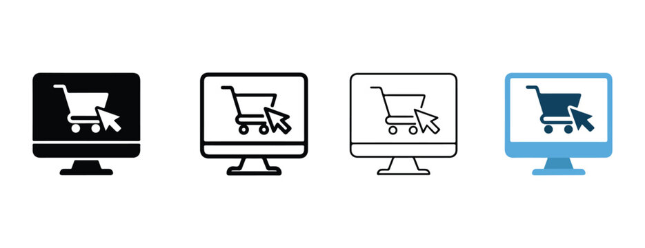 computer monitors displaying shopping cart icons with cursor pointers on screens in black white and blue on plain white background
