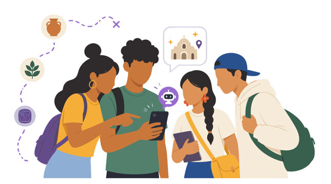 Diverse Group Of Students Using Smartphone Together.