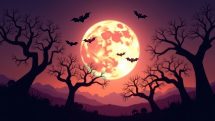 Fototapeta premium Realistic full moon with flying bats and silhouetted twisted trees, dramatic purple orange sky, atmospheric Halloween stock background