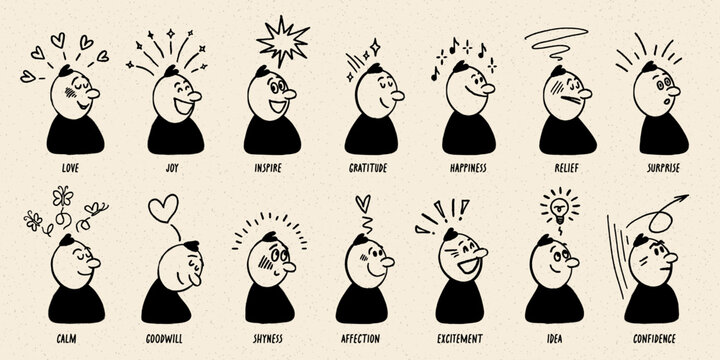Comic character doodle line set with expressive faces and simple symbols showing emotions in a hand drawn style. Comic character expressions with line effects for stickers, posters, and UI icons