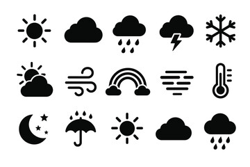 Naklejka premium Weather forecast vector icons set featuring sun, clouds, rain, lightning, snowflake, wind, rainbow, thermometer, moon, and umbrella symbols