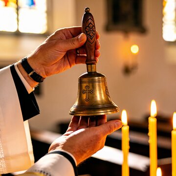 Close up of Priest Hands Holding a Traditional Brass Church Altar Bell with Engraved Cross by Burning Candles