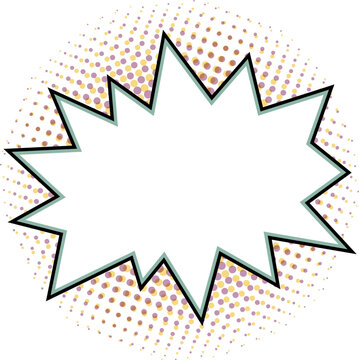 Comic starburst frame with jagged shape and blank center, with soft teal edge over yellow and purple halftone dots. Retro pop art vector sticker style for sale badges, promo labels and comic layouts