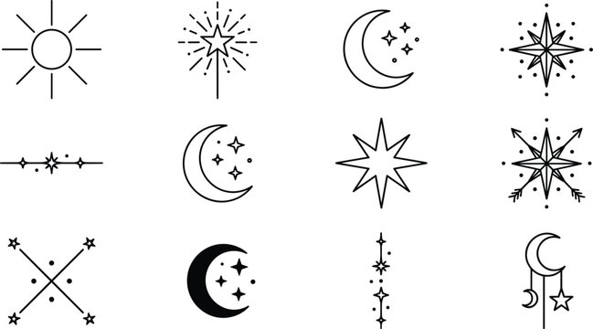 Celestial boho line icons set featuring sun crescent moon magic wand arrows and mystical starburst elements vector collection