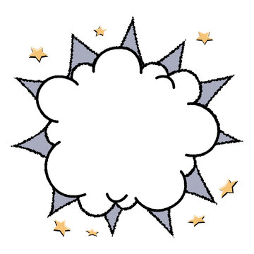 Starburst comic frame speech bubble with cloud shape over gray burst and small star accents. Outline speech bubble suitable for stickers, greeting cards or comic page layouts