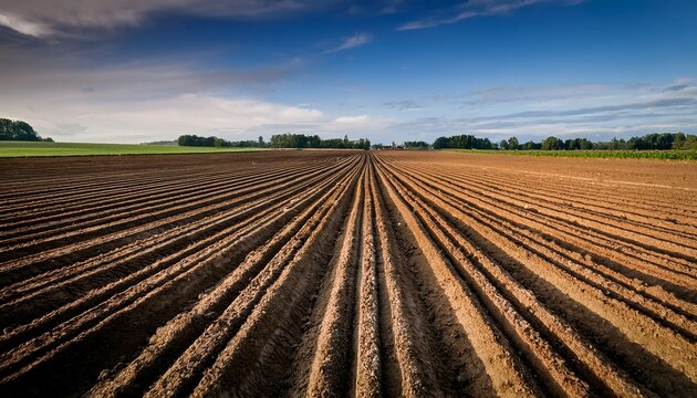 close up photography showcasing a meticulously prepared potato field where aligned seedbeds stretch into the distance highlighting the beauty of potato cultivation and farming practices
