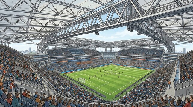 Modern indoor soccer stadium with crowd