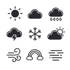 Naklejka premium Weather forecast vector icons set featuring sun, cloud, rain, lightning storm, snowflake, wind, rainbow, and fog symbols in glyph style