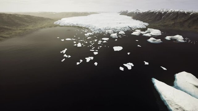 Foreground iceberg leading into Antarctic expanse, compositional aerial shot guiding viewer toward distant icefield and coastline, strong sense of scale,