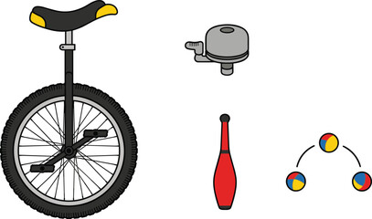 Circus performance unicycle vector illustration set with balancing single wheel bicycle metallic ring bell red juggling club and colorful juggling balls isolated on white background © mdnazrul