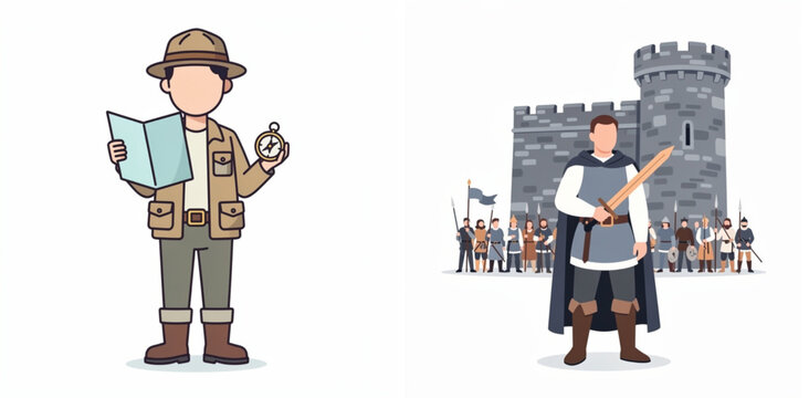Medieval Knight and Explorer Touring Historic Castle