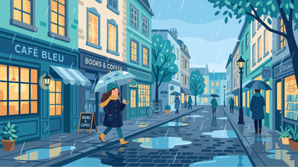 Fototapeta premium Rainy Day in European City Street with People Walking and Cozy Cafes