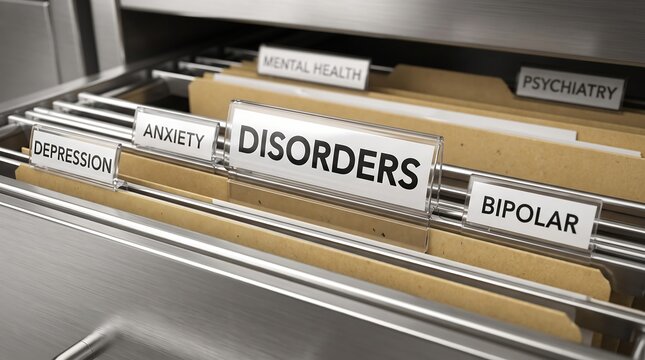 Mental health disorders filing cabinet folders with labels for depression anxiety and bipolar for a medical website.