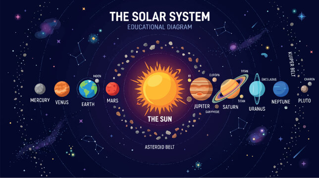Educational Diagram of the Solar System with Sun, Planets, and Asteroid Belt