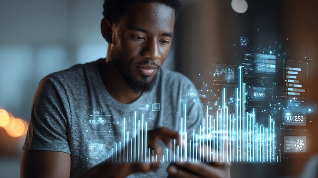 young man using smartphone, checking analytics app, AI interface overlay