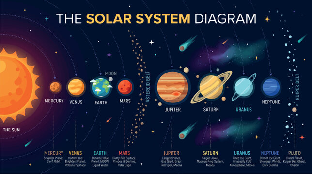 Solar System Diagram Illustration with Planets, Sun, Asteroid Belt, and Kuiper Belt