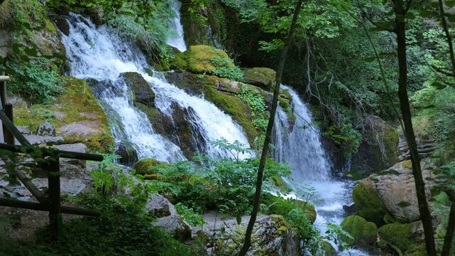 Manantiales de aguas cristalinas en el nacimiento del r&iacute;o Llobregat. Fuentes del Llobregat en Castellar de n'Hug, Espa&ntilde;a. 