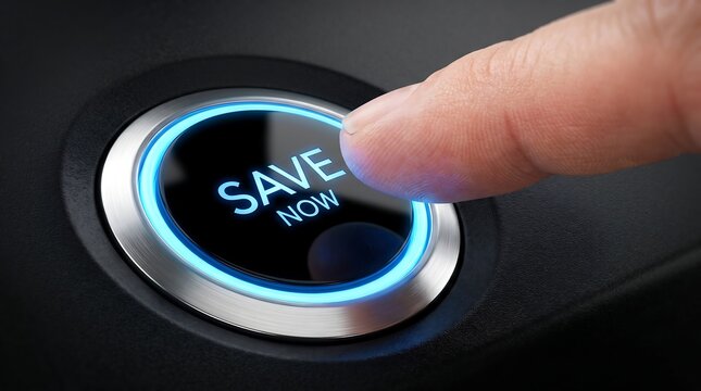 Human finger pushing a glowing blue save now button on a sleek metallic control panel for technology and business.
