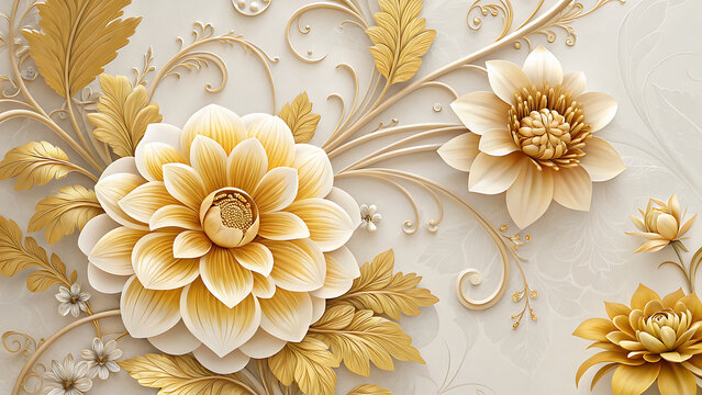 Gold and white floral 3D wall art design with wallpaper, interior