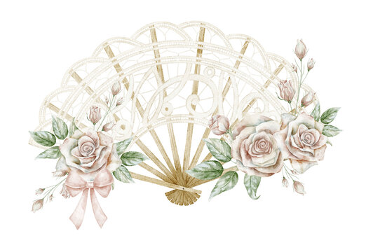 Watercolor Lace Fan with Roses romantic floral composition. illustration of Elegant vintage arrangement with flowers for wedding stationery, branding and feminine designs in pastel colors.