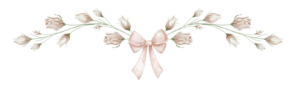 Watercolor floral border with pastel rose branches and pink ribbon on isolated background. Delicate floral divider for invitations, wedding stationery, greeting cards and romantic design projects.