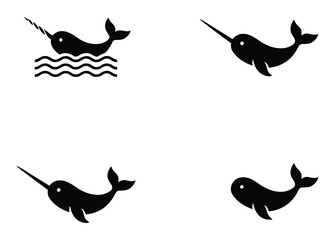 Marine Mammal Logos. Marine mammals. Icon set. narwhal icons in different styles and colors on white background. Black narwhal, whale, sea creature, ocean animal, vector illustration. © Jannat