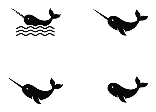 Marine Mammal Logos. Marine mammals. Icon set. narwhal icons in different styles and colors on white background. Black narwhal, whale, sea creature, ocean animal, vector illustration.
