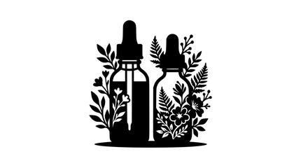 Obraz premium Black Silhouette of Dropper Bottles with Botanical Leaves and Flowers