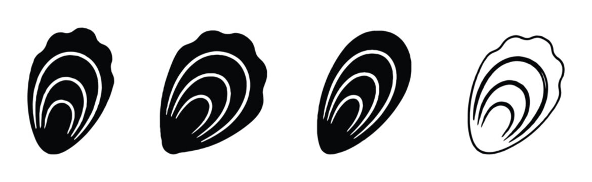 Mussel shell or seafood icon set. Four different mussel shell icons in black and white on white background. Black and white abstract seamless pattern of oyster shells set icon isolated .