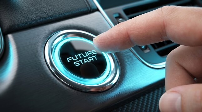 Finger Pressing Glowing Blue Future Start Button on Sleek Dashboard High Tech Concept for Automotive Innovation Success